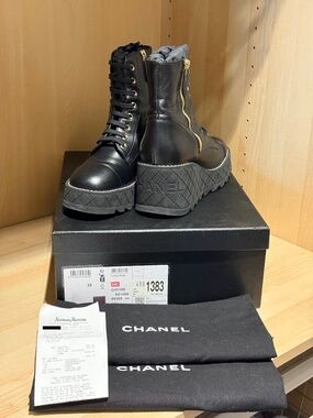 Chanel Black Lambskin Wedge Combat Boots